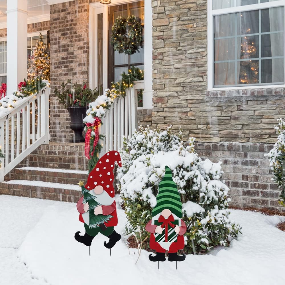 YEAHOME Outdoor Christmas Decorations for Home, Decorative Garden Stakes 2 Pack Gnomes for Christmas Decor, Metal Yard Signs Xmas Decorations for Outside Garden Yard Lawn Patio Holiday Party